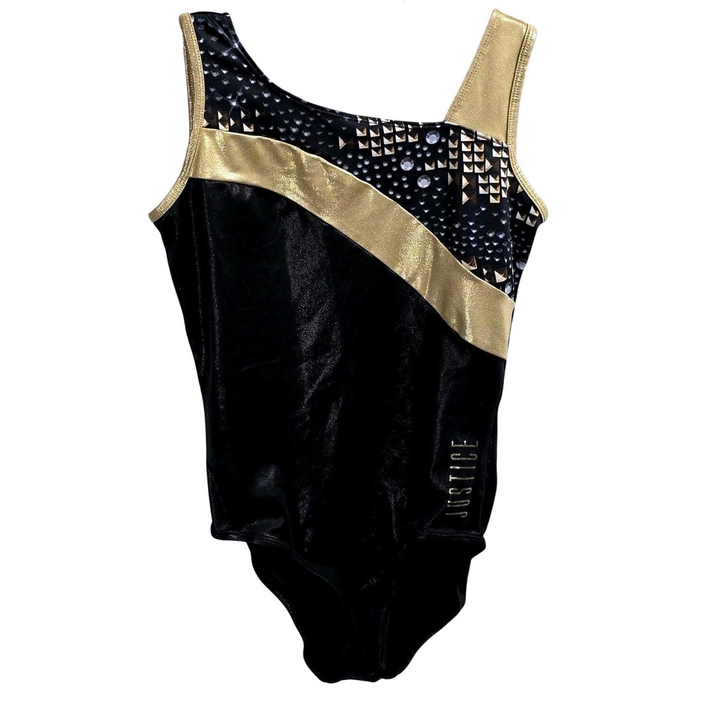 Justice Active Girls Gymnastics Leotard Black Gold Metallic Shimmer Size 14